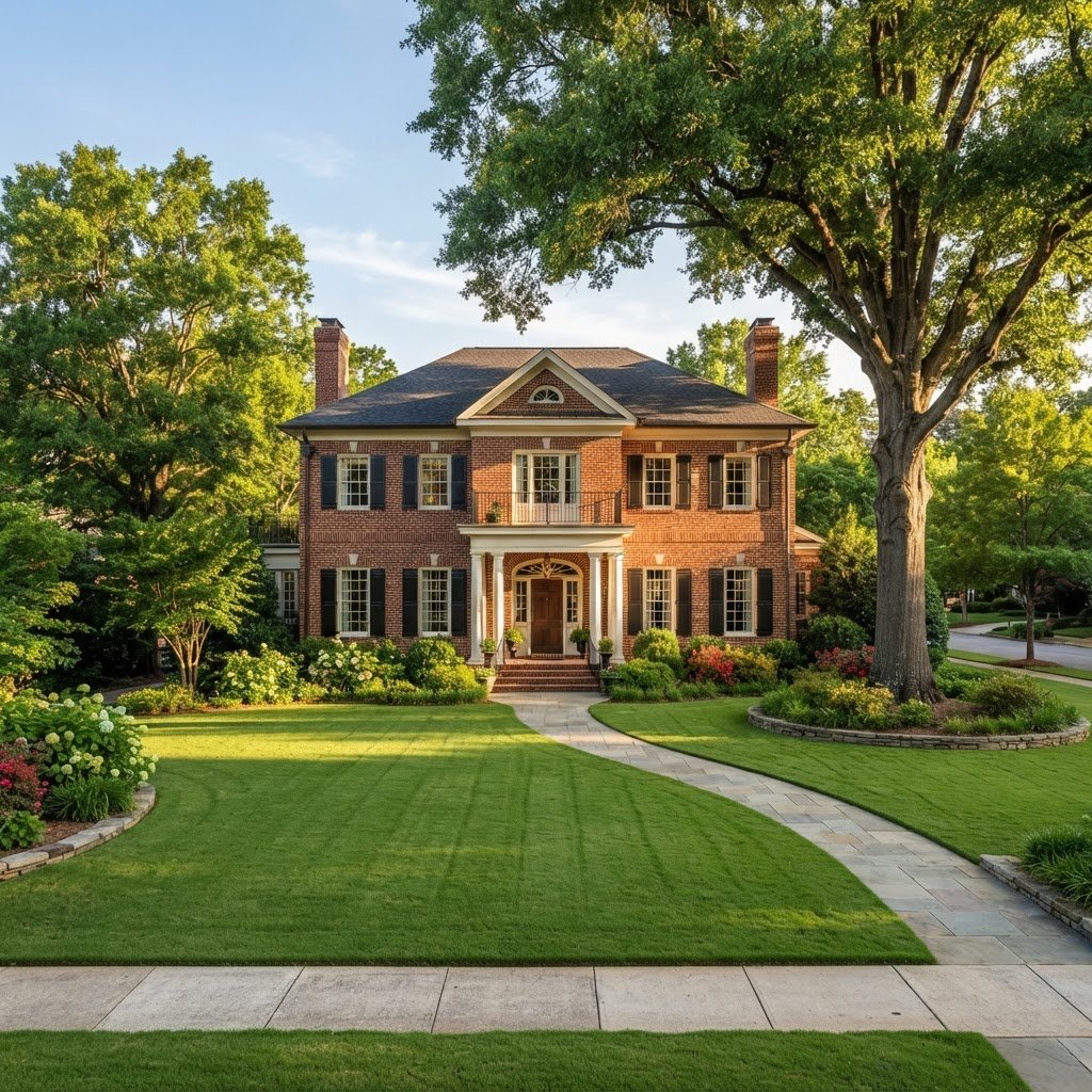 An elegant four-sided brick colonial home in Marietta Georgia with a wide manicured front yard, stately trees, and warm daylight
