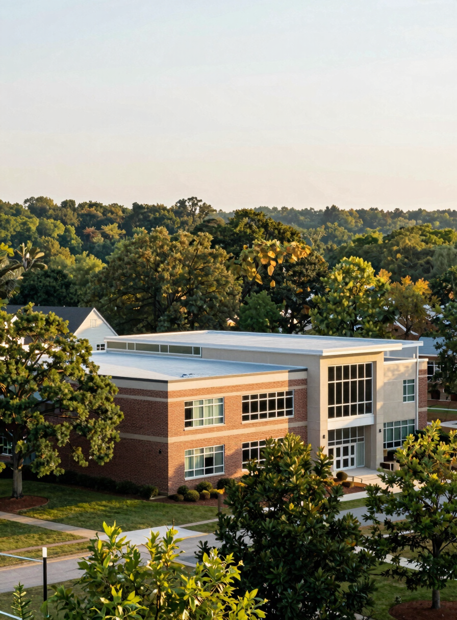 Modern educational high school building campus in North Georgia with clean brick facade and green surrounding oak trees