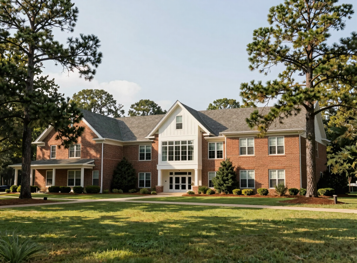 Exterior view of a modern high school building surrounded by green lawns and pine trees in Cobb County Georgia