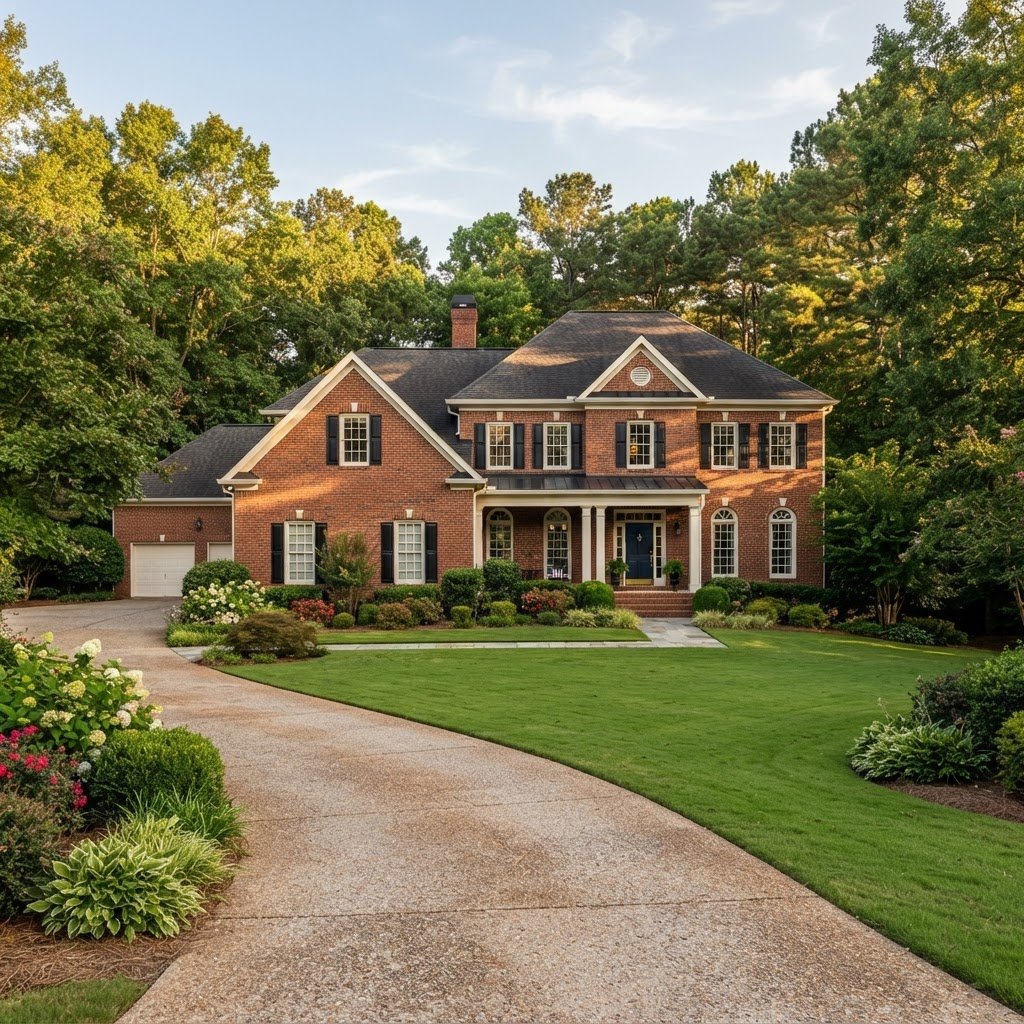 A charming classic traditional brick colonial home in Roswell, Georgia, surrounded by mature hardwood trees, a manicured green lawn, and a wide paved driveway under warm afternoon sunlight.