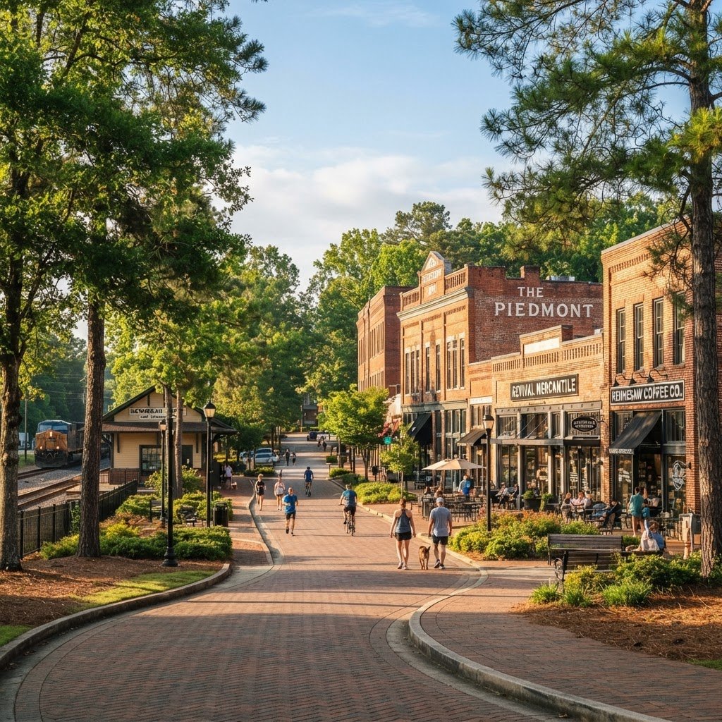Warm morning sunlight illuminating historic downtown Depot Park in Kennesaw Georgia with brick storefronts and manicured tree-lined paths