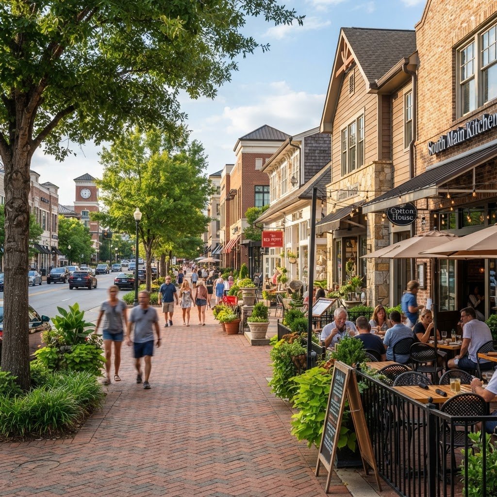 Sunlit streetscape of downtown Alpharetta Georgia showing walkable brick sidewalks, outdoor dining patios, and modern craftsman storefronts
