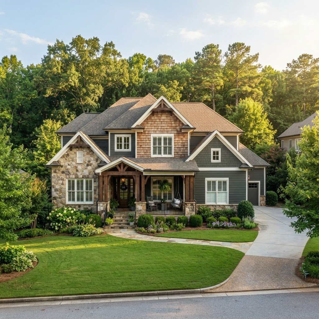 A beautiful modern craftsman style house in Dallas Georgia with manicured lawn, welcoming front porch, and lush trees under clear afternoon sky