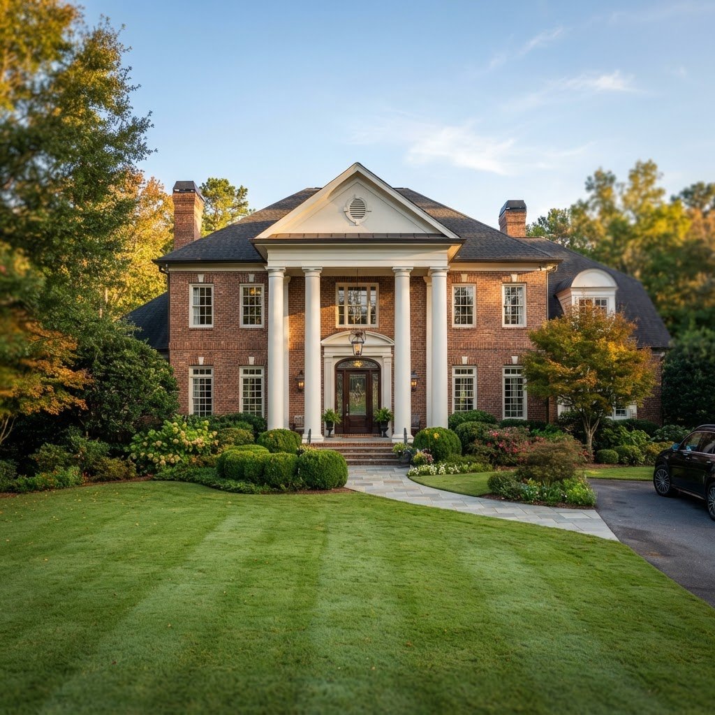 A stately traditional brick executive home in Johns Creek Georgia, with a grand portico, pristine lawn, manicured greenery, and warm natural sunlight