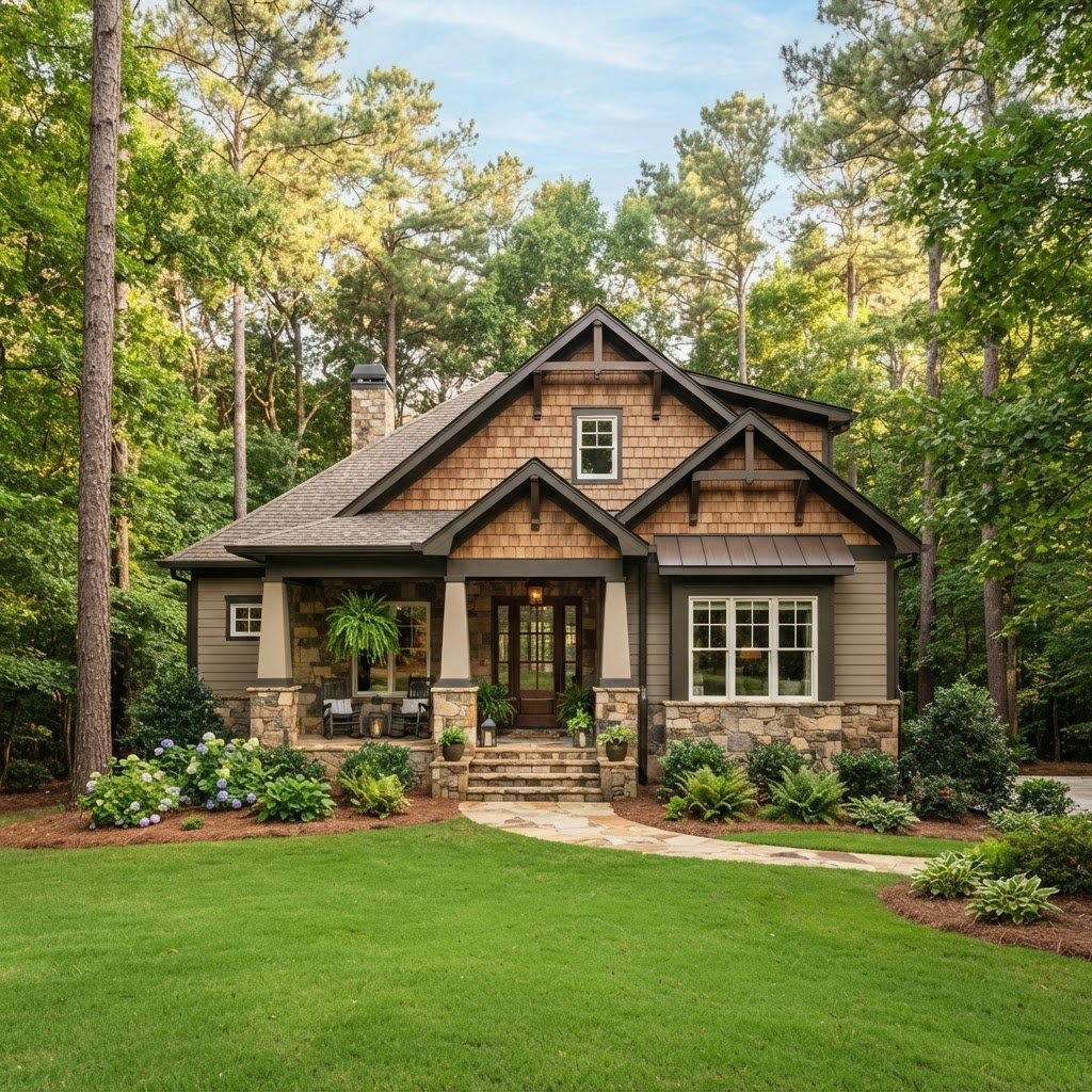 Warm editorial photograph of a modern craftsman home in Dallas Georgia surrounded by tall pine trees and a manicured green lawn under soft daylight