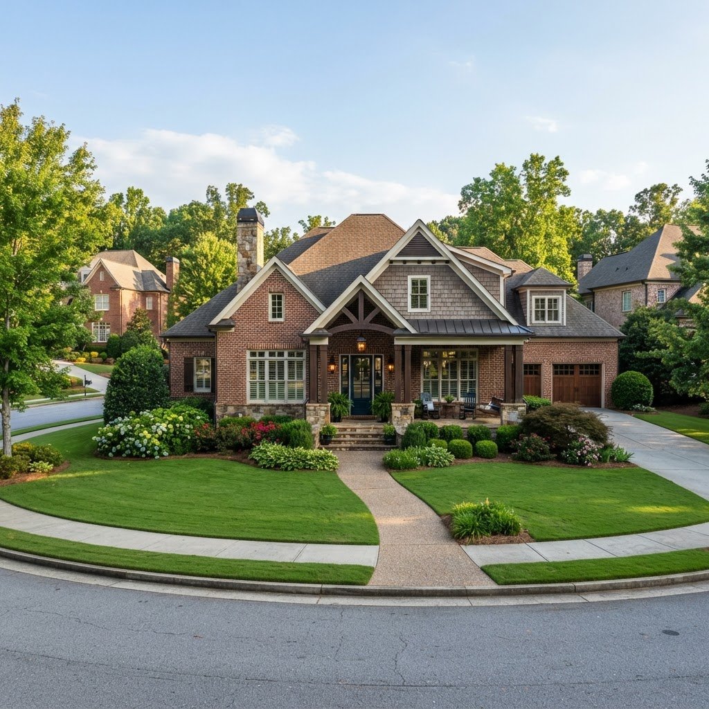 An elegant Southern luxury brick home in Alpharetta Georgia with a landscaped front lawn and sunlit porch