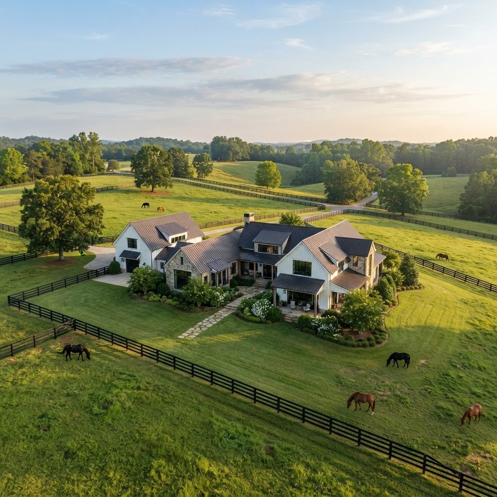Sunlit custom modern farmhouse estate set against rolling green horse pastures and black wood fences in Milton Georgia, warm morning light