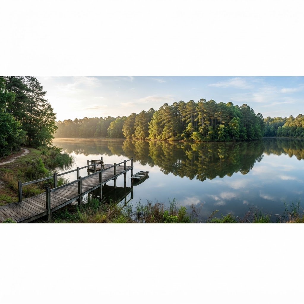 A serene morning panoramic shot of Lake Acworth with wooden fishing docks, calm glass-like water reflecting pine trees, soft morning light in Cobb County Georgia.