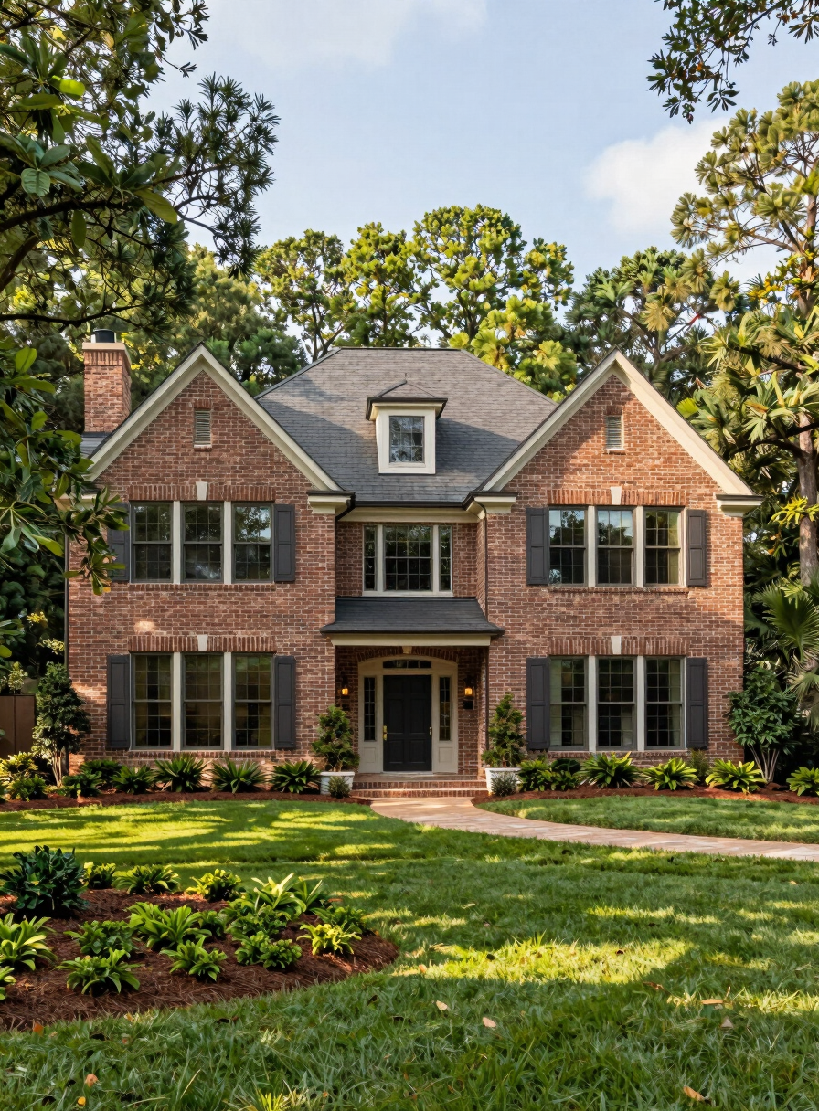 Architectural shot of a luxury Southern brick home in Alpharetta Georgia surrounded by lush manicured landscaping