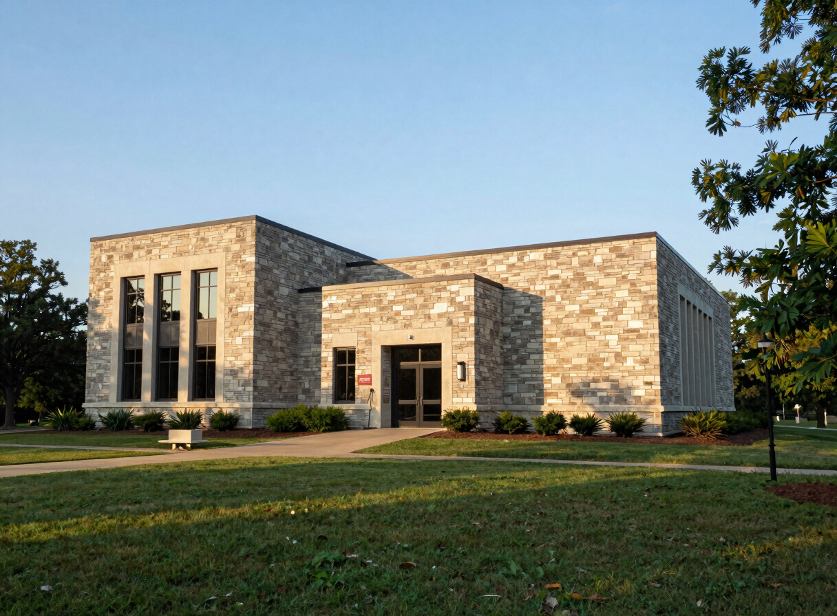 Exterior view of the Booth Western Art Museum building in Cartersville Georgia with modern stone architecture and blue sky.
