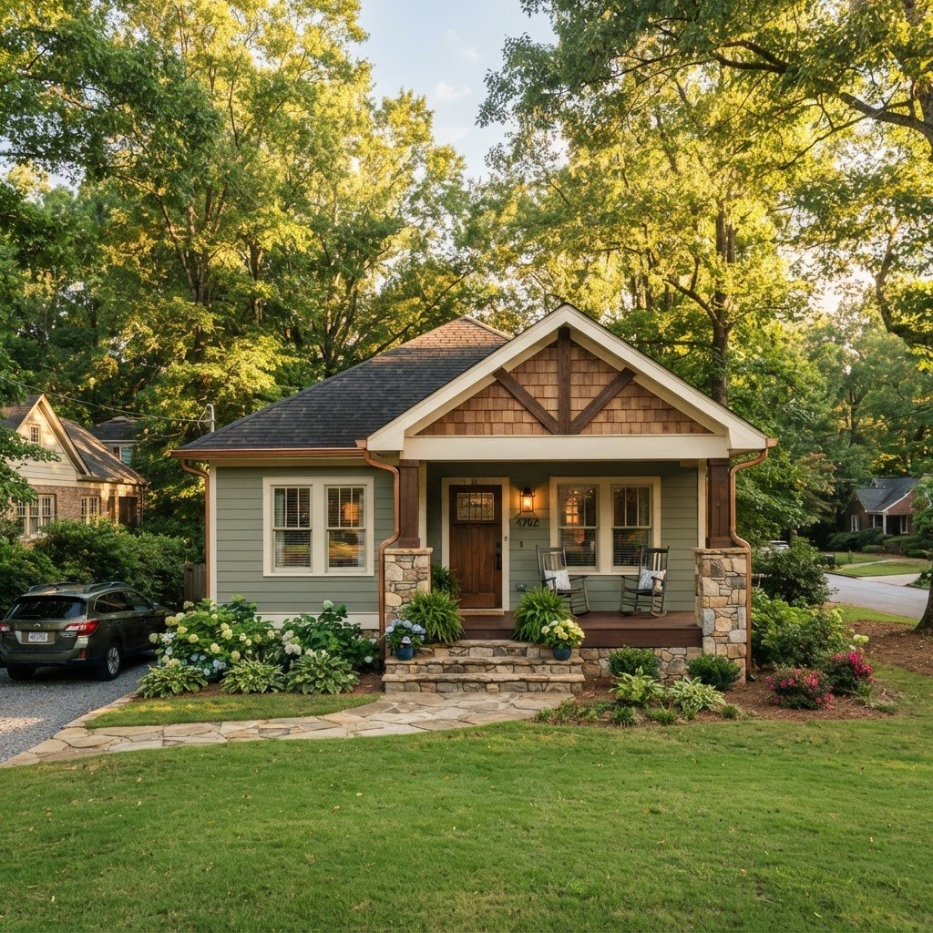 A charming craftsman home with a stone porch set against mature hardwoods in a quiet Mableton neighborhood, warm sunlight.