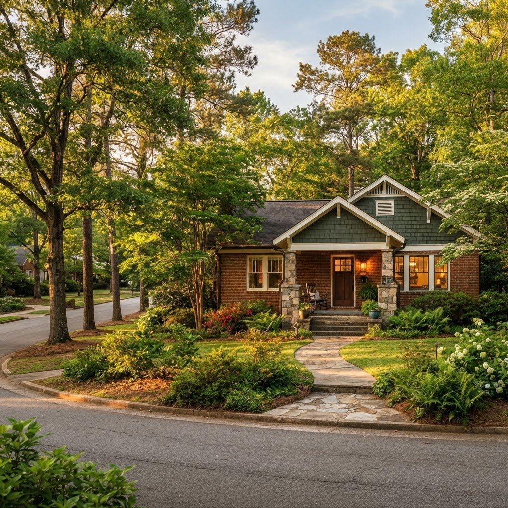 Warm afternoon light on a classic brick ranch and craftsman home set on a spacious wooded lot in Austell Georgia
