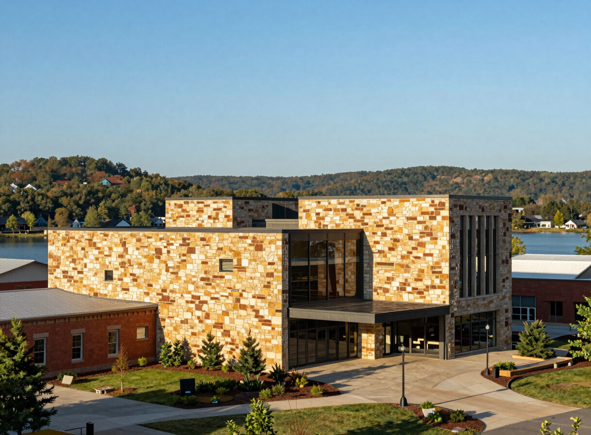 Architectural exterior shot of a modern art museum in North Georgia with warm stone walls under clear blue sky