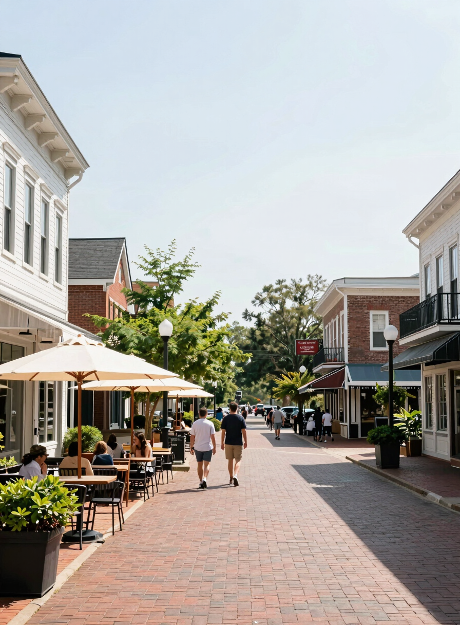 A lively walkable main street in historic downtown Woodstock Georgia with local boutique shops, outdoor dining umbrellas, and clean brick walkways under bright morning sunshine