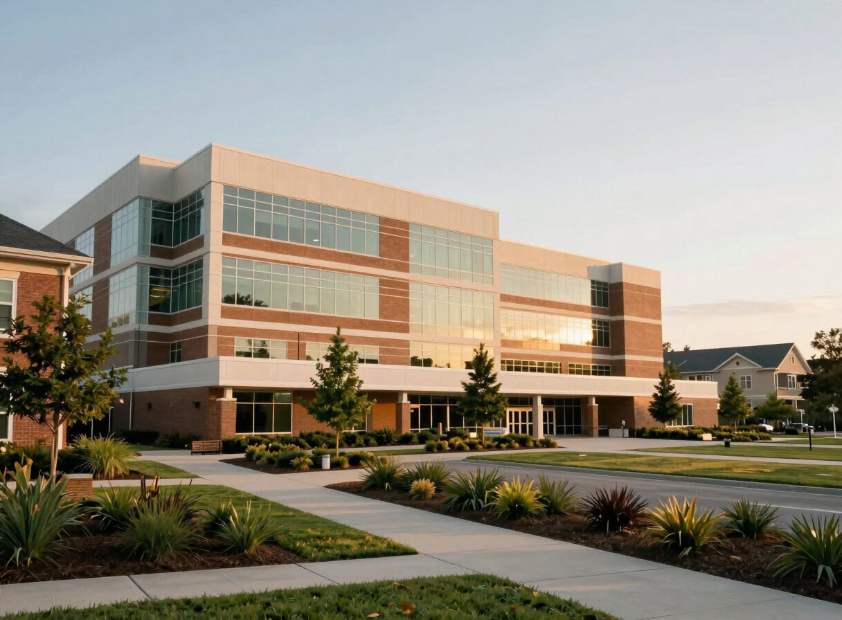 Modern hospital building exterior in Austell surrounded by clean walkways and green landscaping