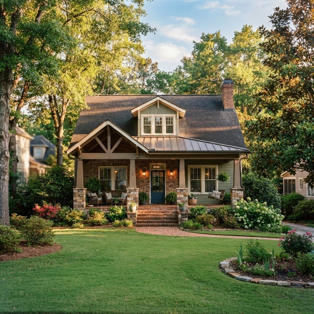 A charming single-family Southern Craftsman home in Austell Georgia with a manicured green lawn, brick accent porch, and mature trees in soft afternoon sunlight