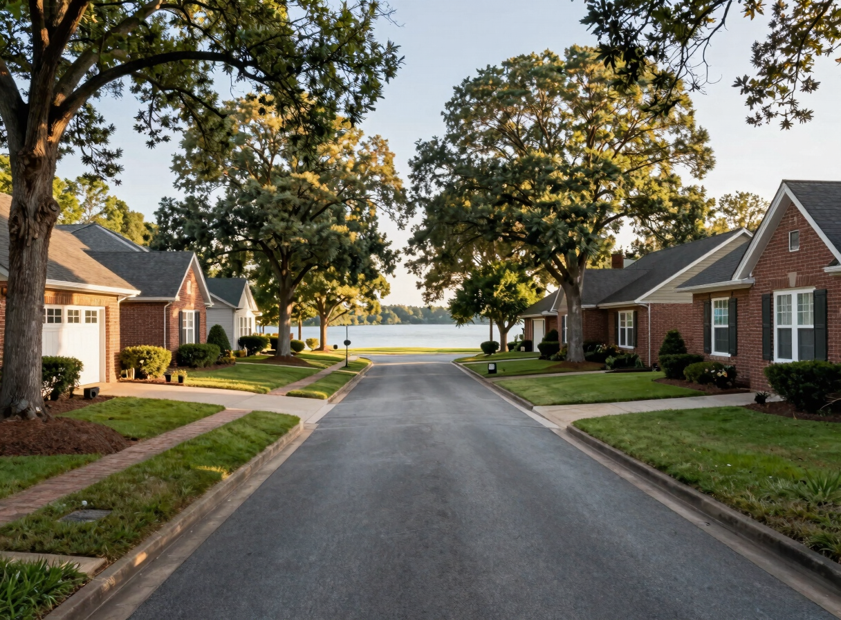 A modern suburban brick neighborhood street in Acworth Georgia with manicured yards, oak trees, and warm late-afternoon sunshine.