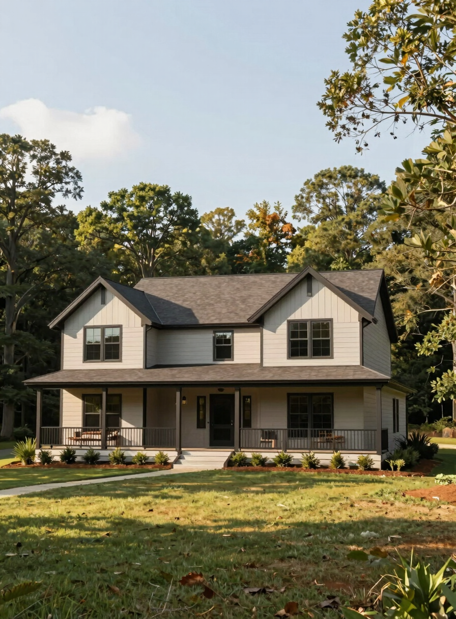 A newly built modern farmhouse with dark window frames and a broad covered porch in a scenic Canton Georgia setting