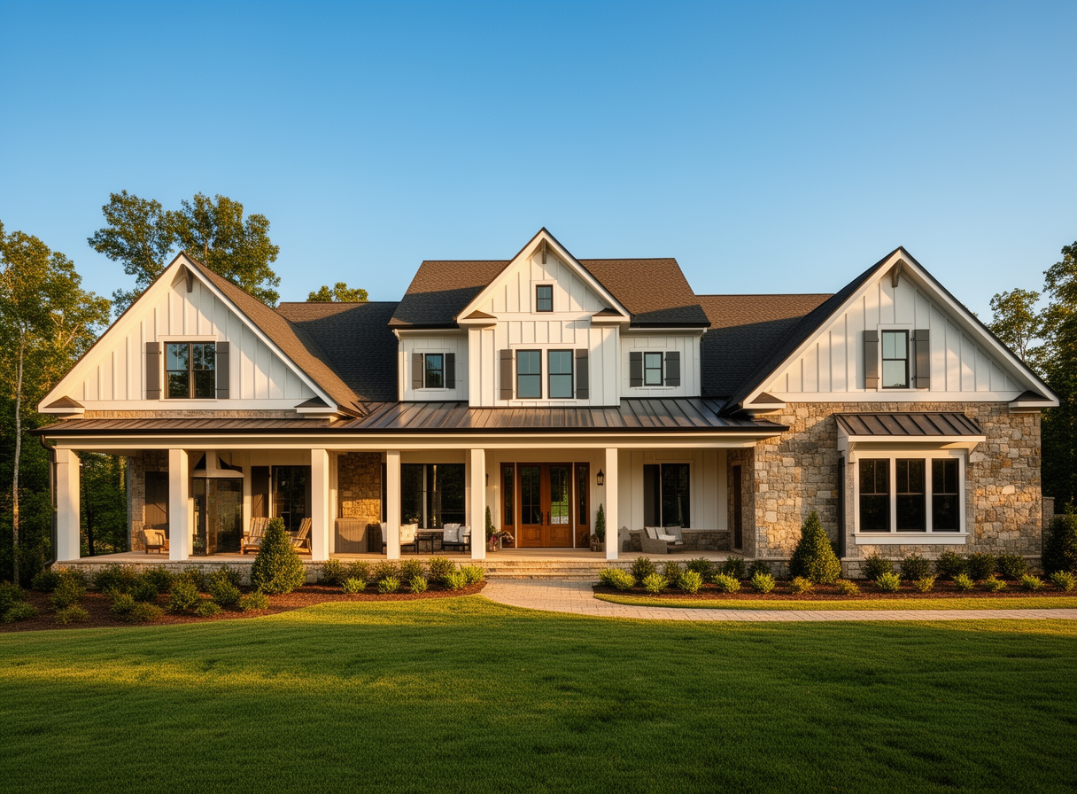 Modern modern farmhouse style estate home in Milton Georgia with wraparound porch under blue sky