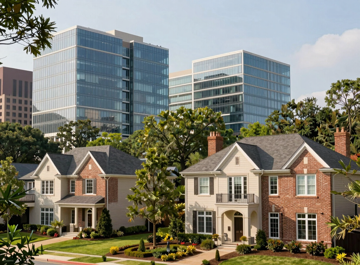 Modern technology office complex in downtown Alpharetta Georgia with glass architecture and green foliage