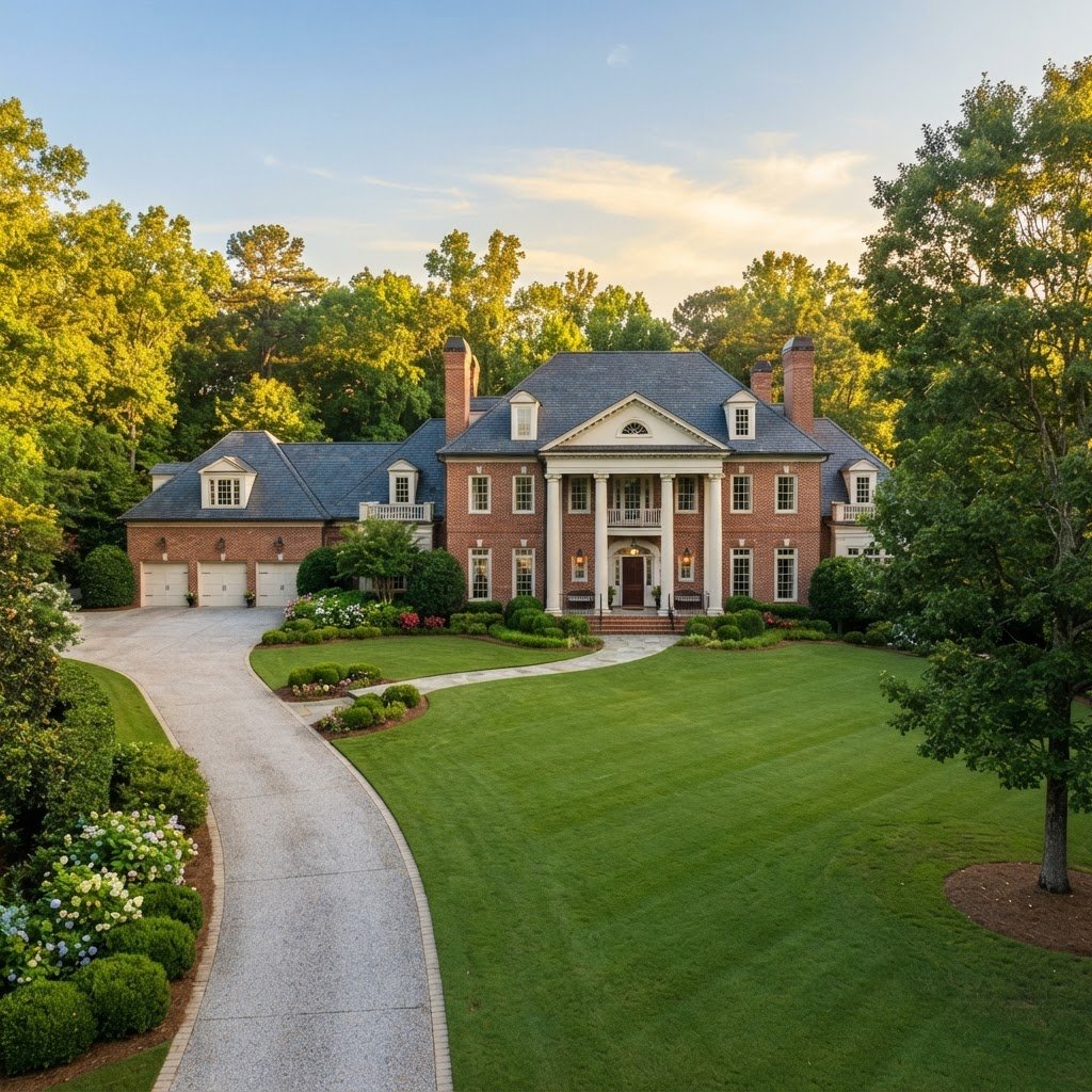 A stately traditional brick colonial manor with manicured lawns and mature trees in Johns Creek Georgia, bathed in golden morning light.