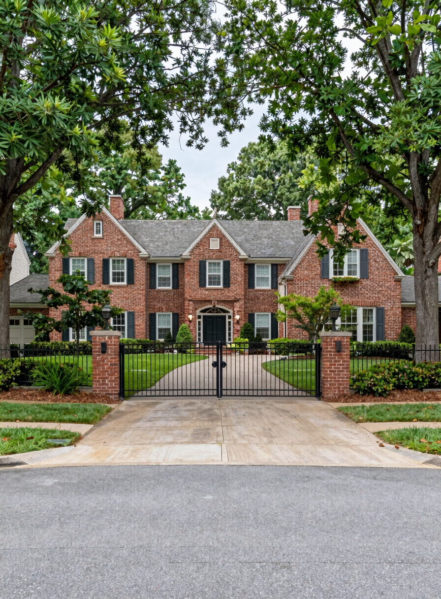 A tree-lined suburban neighborhood street in Johns Creek showing a gated brick estate with private drive.