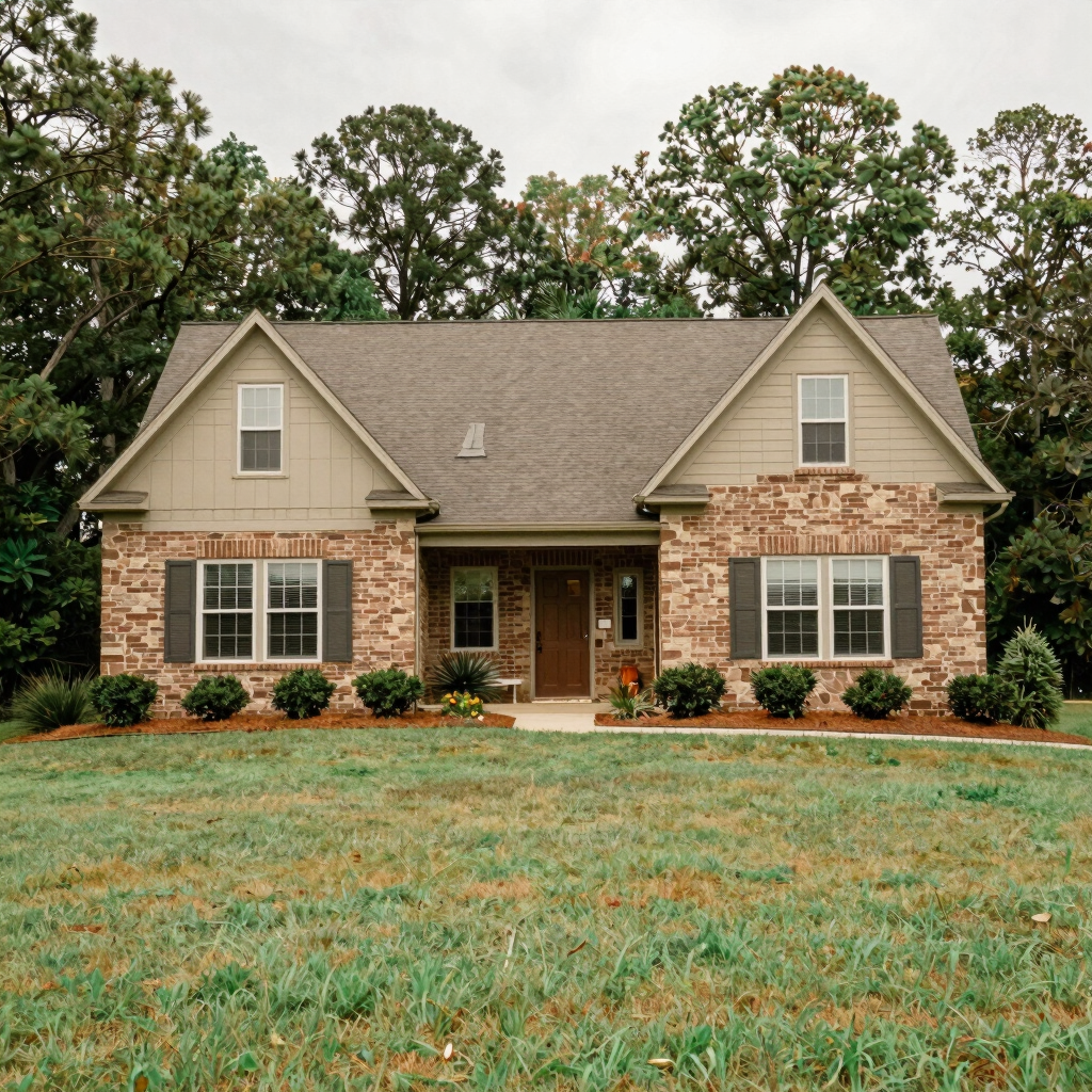Charming craftsman style family home in a suburban Kennesaw Georgia neighborhood with a lush green lawn and stone accents