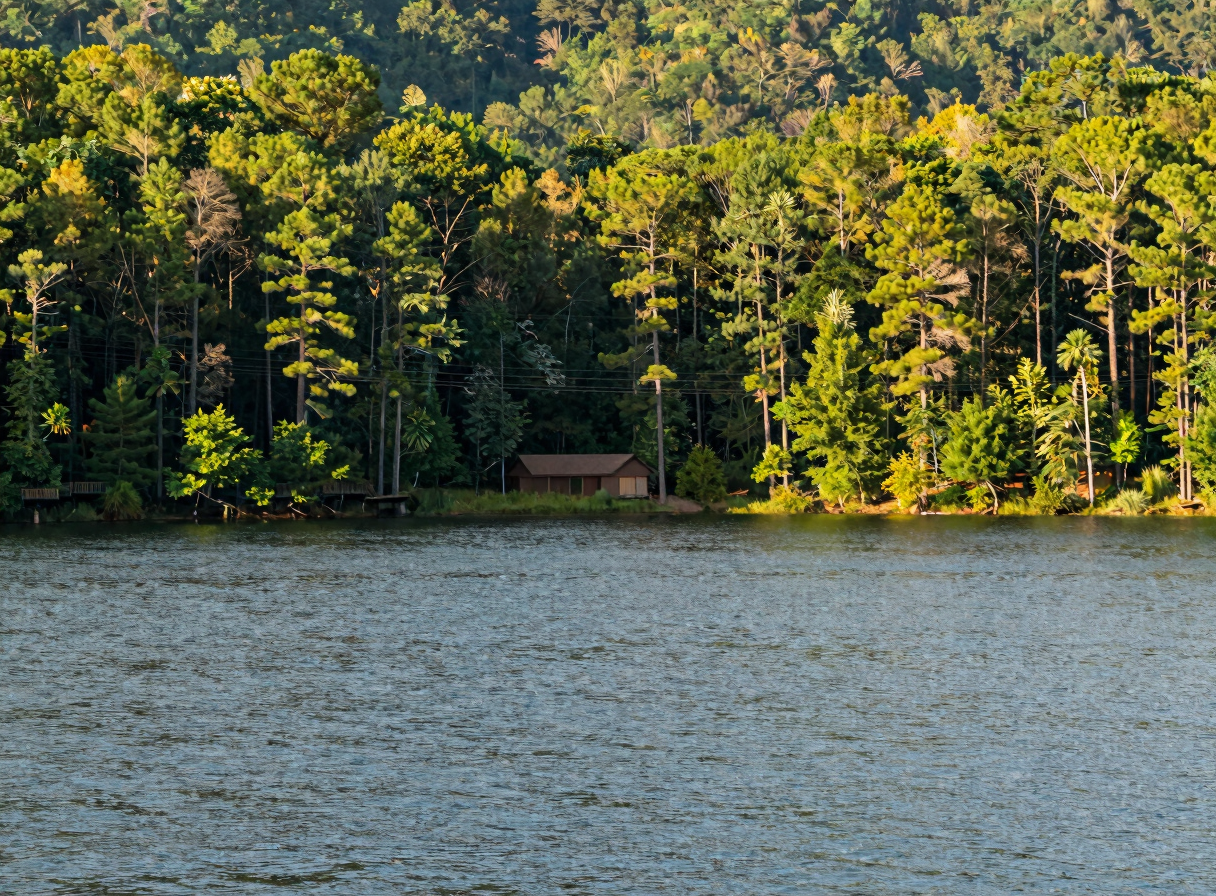 Panoramic tranquil water view of Lake Allatoona surrounded by vibrant green pine forest and hills in Georgia.