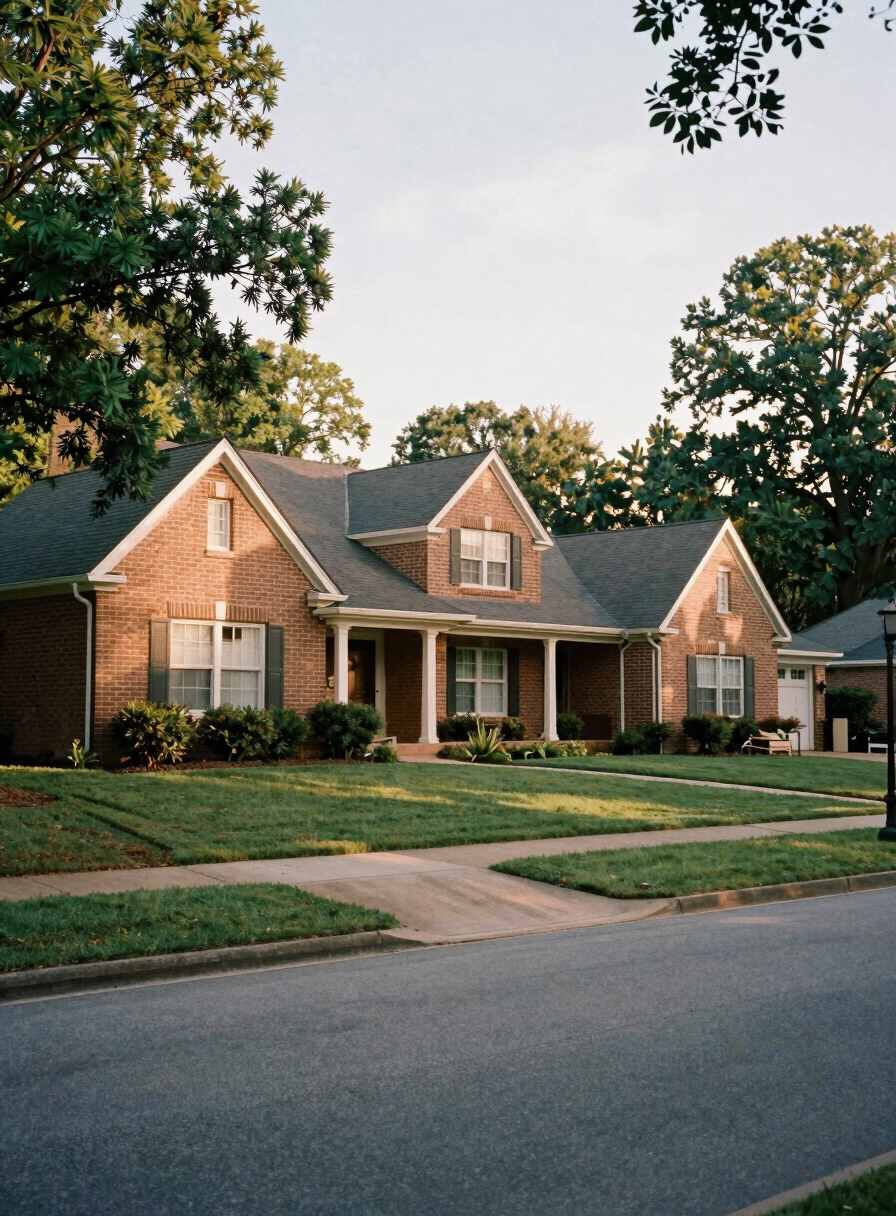 Quiet residential neighborhood street in Austell showing mid-century brick ranch homes with broad setbacks and spacious wooded front yards