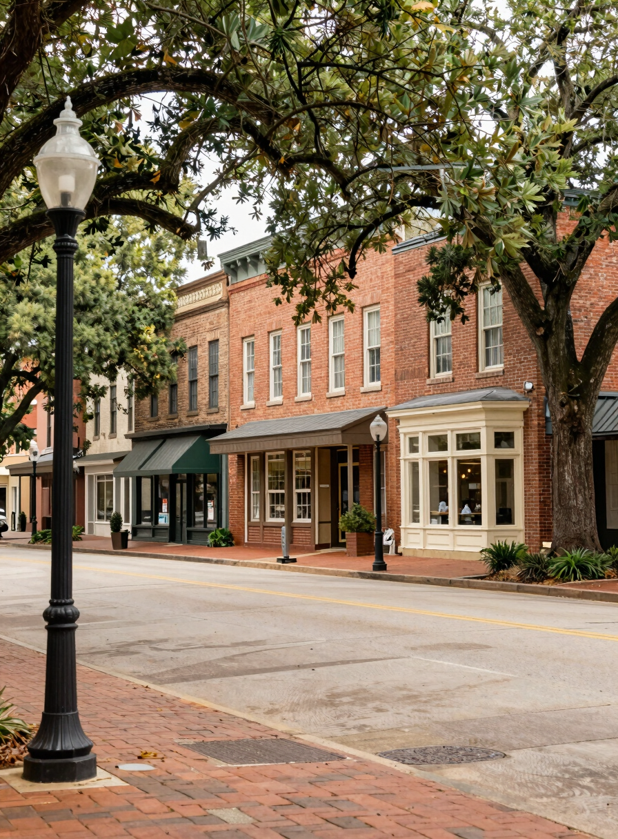 Charming historic downtown square in Dallas Georgia featuring historic brick buildings, vintage lamp posts, and tree-lined sidewalks