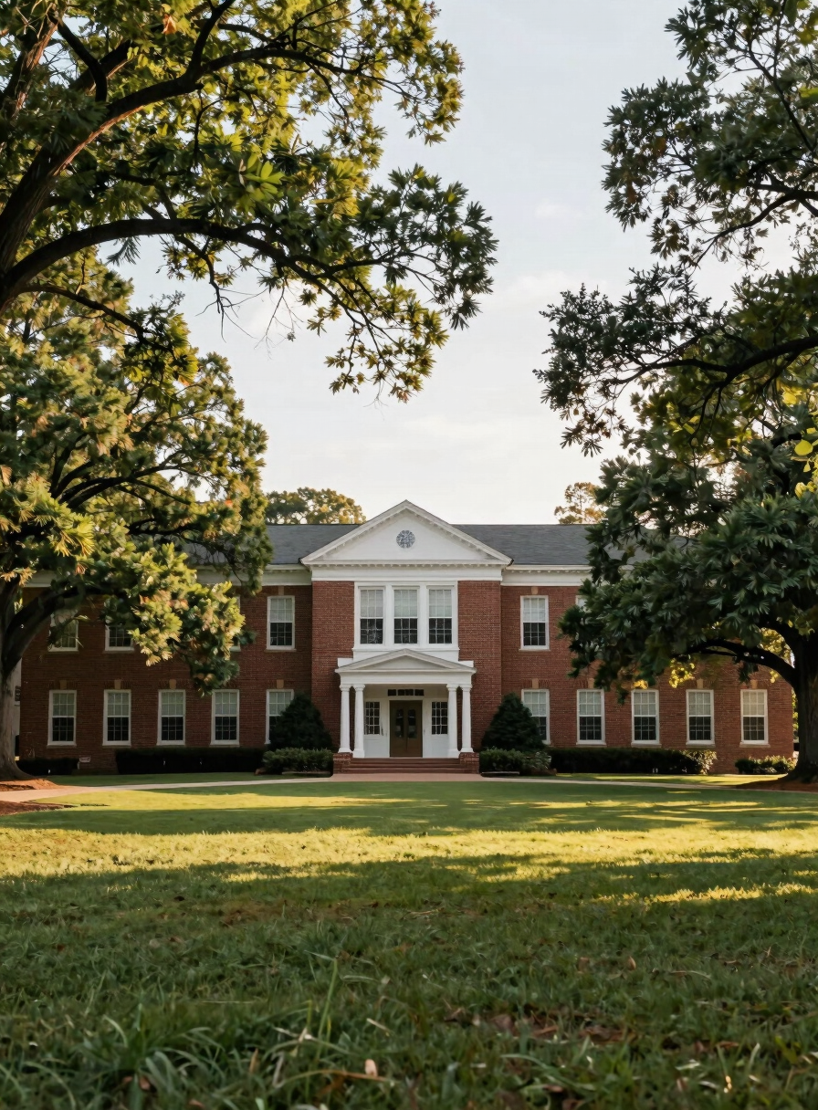 A traditional brick high school building campus in Georgia with neat lawns and mature trees.