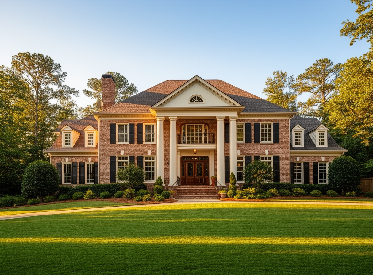 Sunlit luxury colonial brick house in Alpharetta Georgia with a grand entrance, lush green front yard, and warm afternoon light