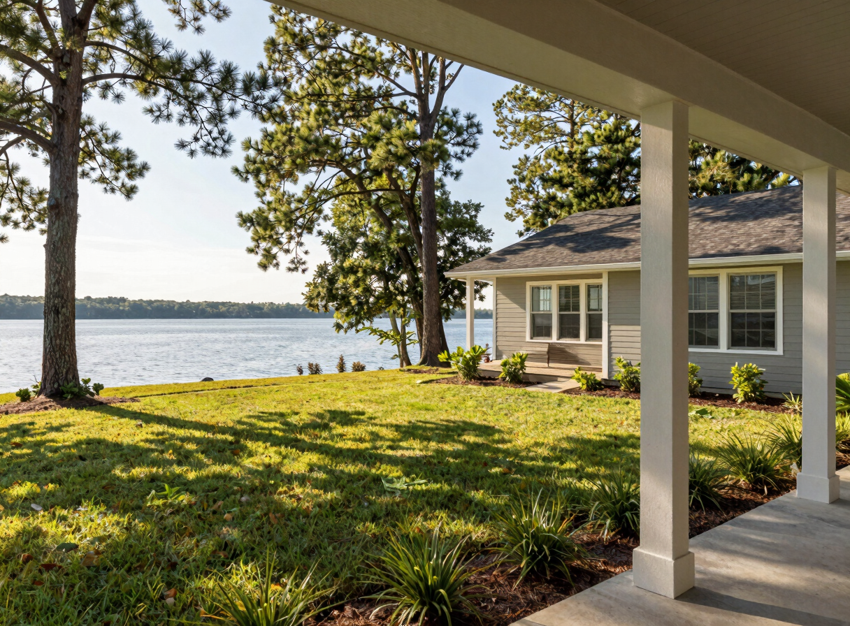 A modern Craftsman home porch overlooking peaceful Lake Acworth, manicured lawn with pine and hardwood trees in warm sunlight.