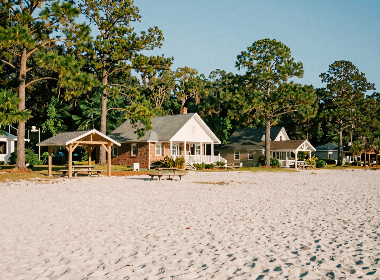 Sunny white sand beach at Cauble Park on Lake Acworth with picnic pavilions and lush pine trees