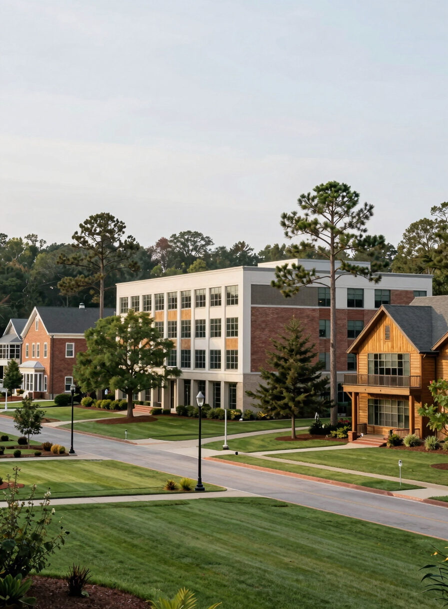 Modern high school campus building surrounded by manicured green lawns and tall pine trees in North Georgia