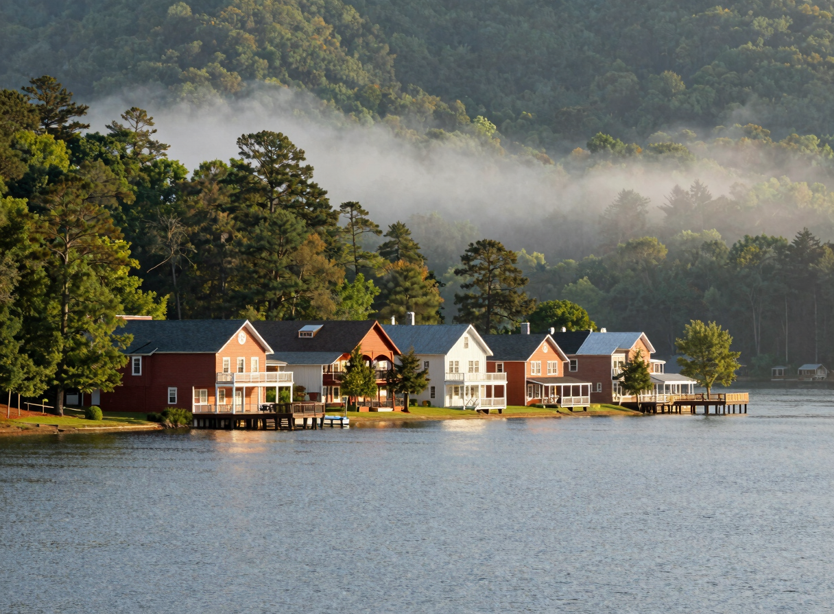 Serene view of Lake Allatoona shoreline surrounded by pine trees and soft morning mist in North Georgia
