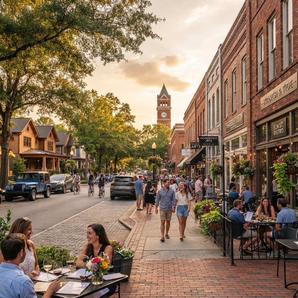 A charming tree-lined historic downtown street in Woodstock Georgia with brick storefronts, outdoor cafes, and warm golden hour light