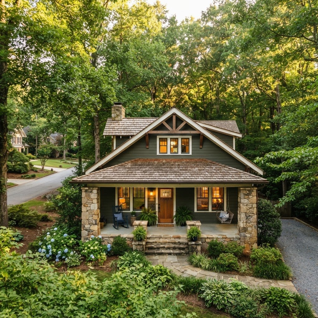A beautiful Craftsman style home in Canton Georgia with a stone porch surrounded by mature North Georgia trees