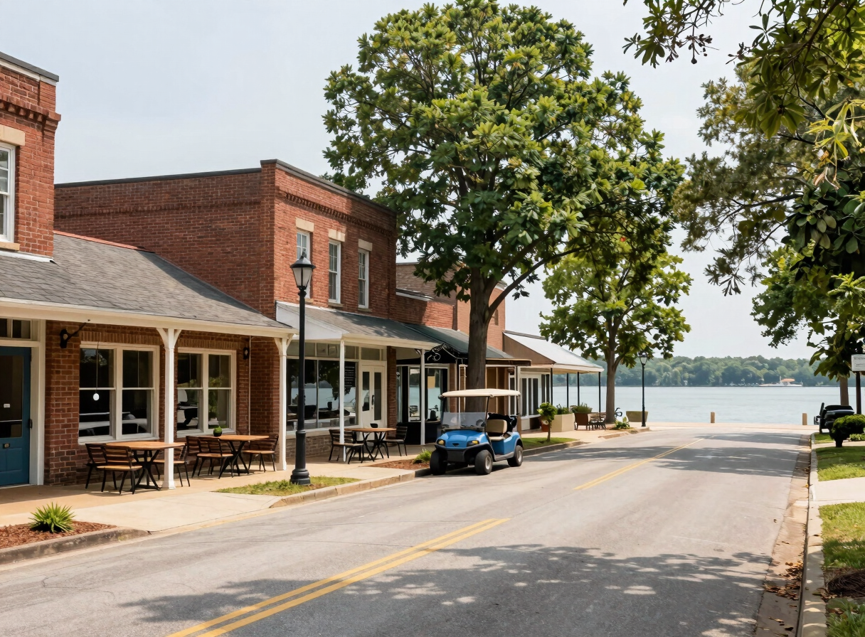 Charming historic downtown Acworth street scene with brick storefronts, sidewalk dining tables, and a golf cart parked along the quiet tree-lined avenue.