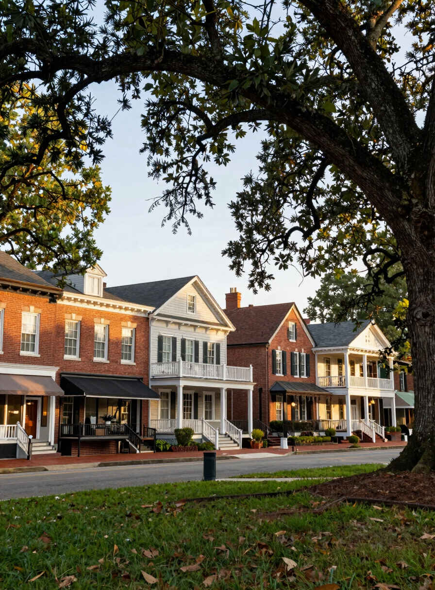 A charming street view of Marietta Square with historic brick buildings, local shops, and canopy oak trees under soft afternoon light