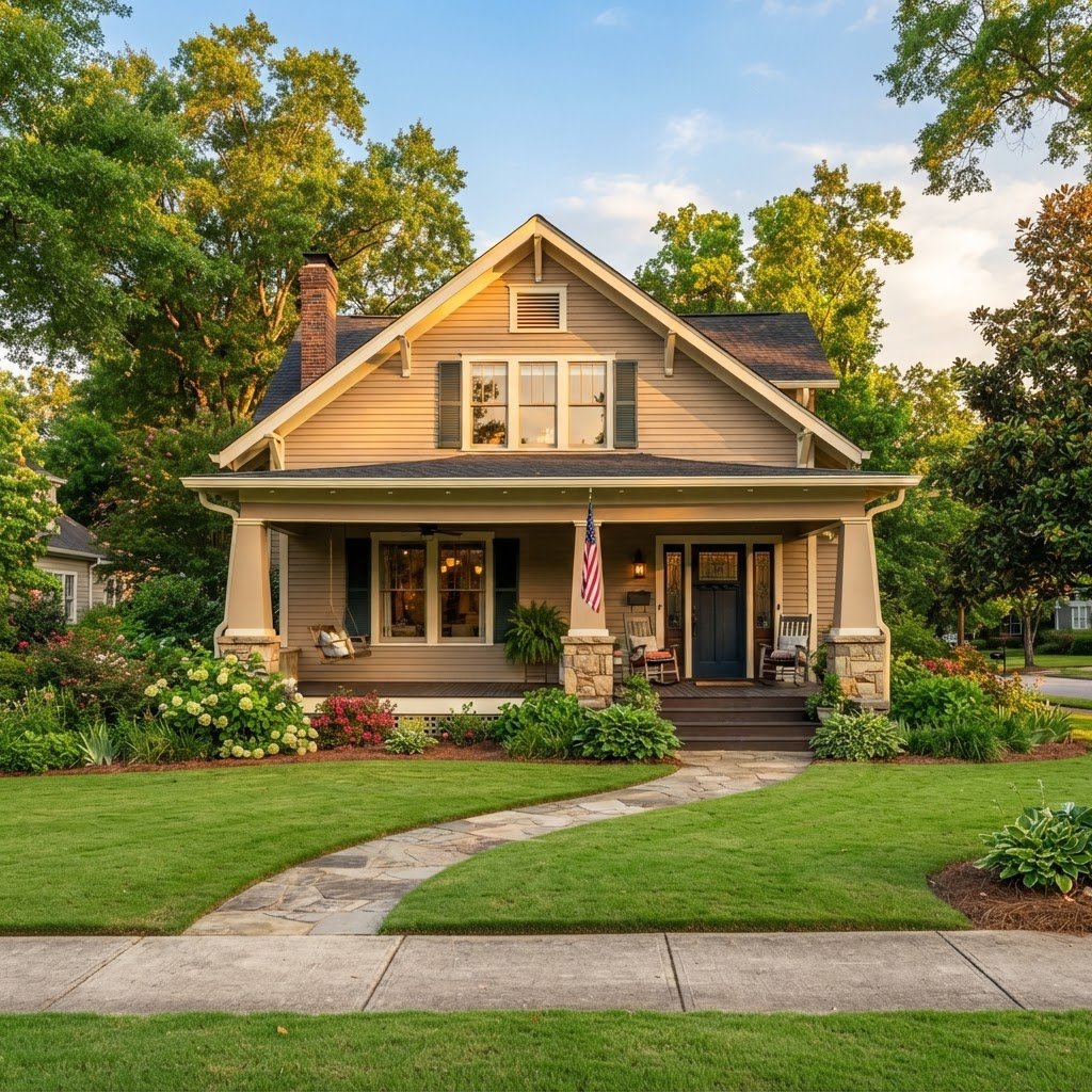 A charming classic Southern craftsman home in Cartersville Georgia with a welcoming front porch, manicured lawn, and lush green trees in soft afternoon sunlight.