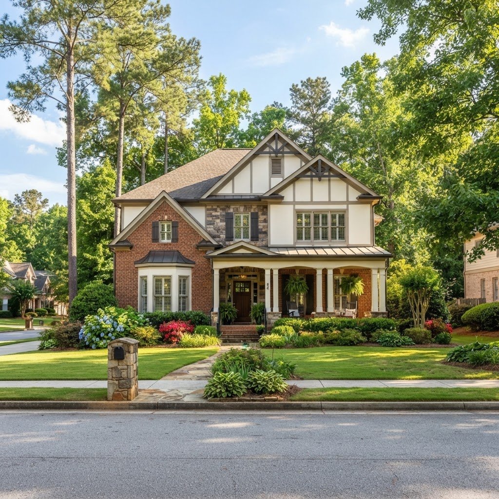 Sunlit two-story traditional brick and craftsman home in Kennesaw Georgia with manicured lawn and tall pine trees
