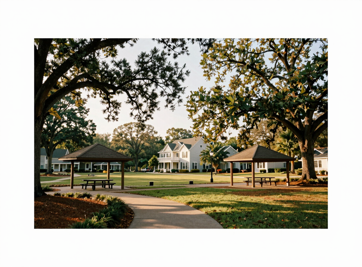 Scenic public park in Austell Georgia with walking trails, covered picnic pavilions, and oak trees