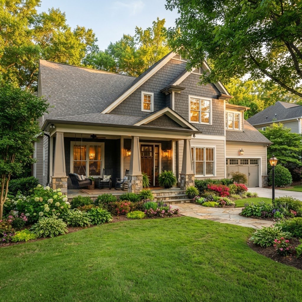 A charming modern craftsman suburban home in Woodstock Georgia with a spacious front porch, manicured lawn, warm late afternoon sunlight, and mature trees
