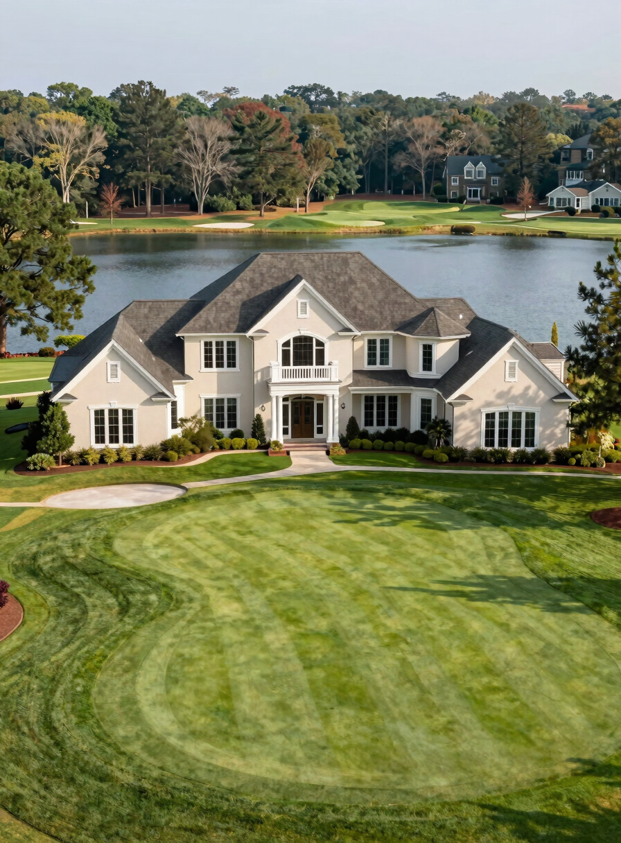 An exclusive luxury golf course home in Johns Creek Georgia with scenic lake view, lush golf course landscape, and manicured grounds