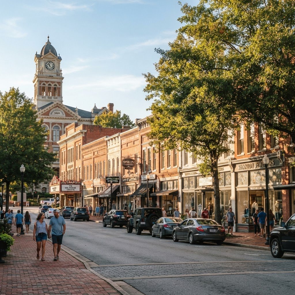 Scenic historic downtown Cartersville Georgia with classic brick storefronts, leafy trees, and warm natural sunlight