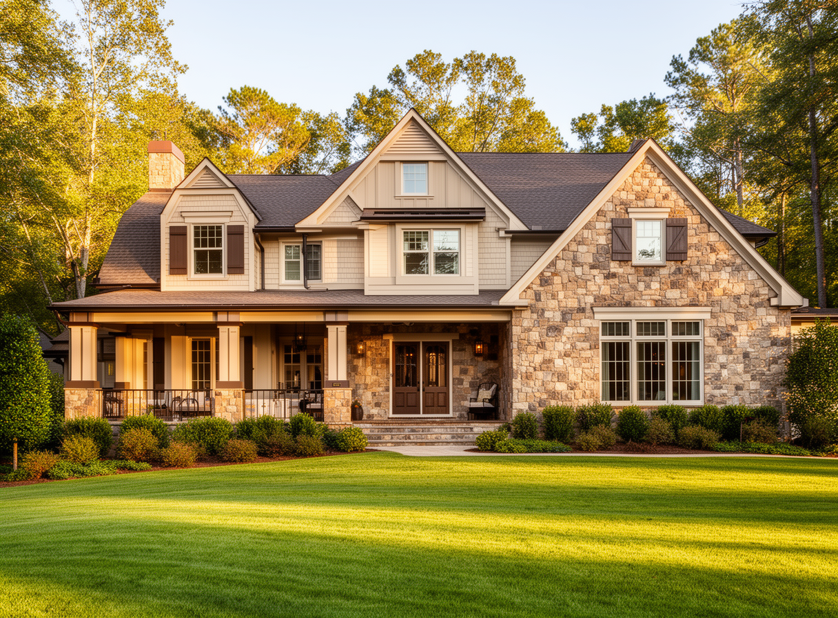 Sunlit craftsman home exterior in Alpharetta Georgia with stone front porch and lush manicured lawn