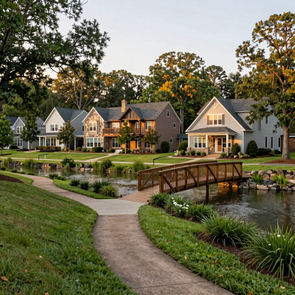 A charming riverfront park in Canton Georgia along the Etowah River with walking paths, wooden pedestrian bridge, and lush trees