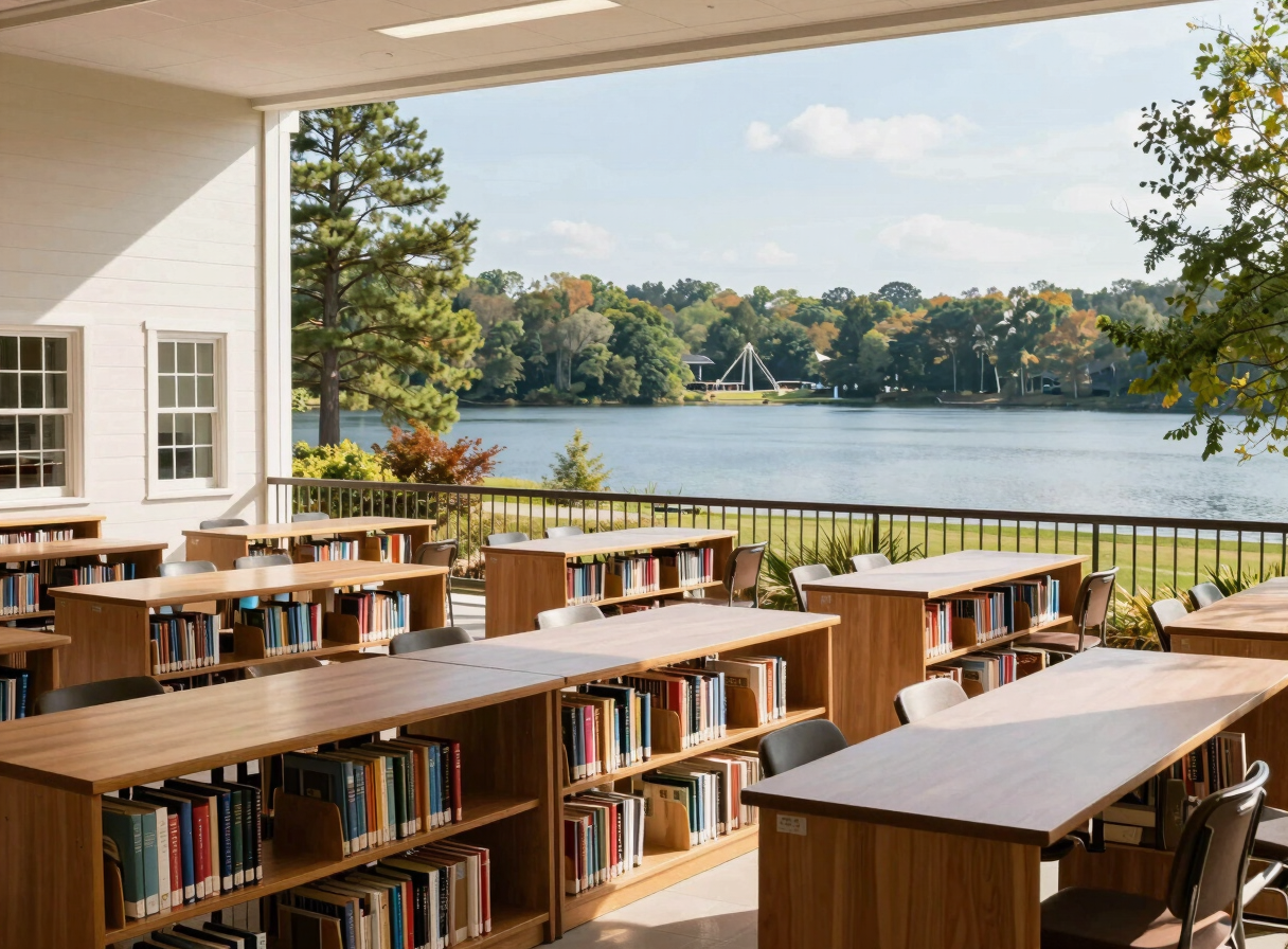 Sunlit modern school library with books and quiet study tables in Cartersville Georgia