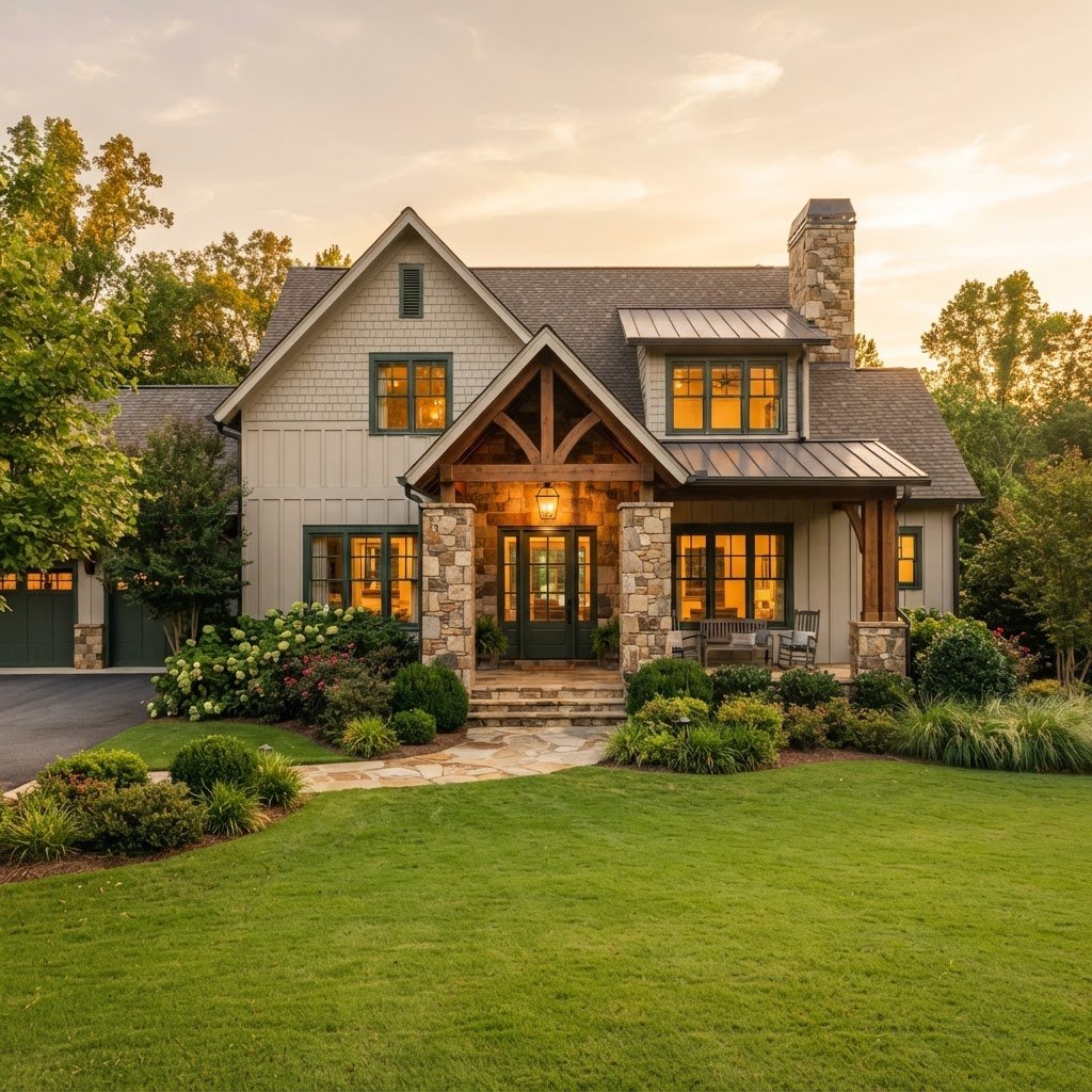 A beautiful modern craftsman farmhouse in Canton Georgia with gabled stone porch, dark green accents, manicured front lawn, and warm golden hour light